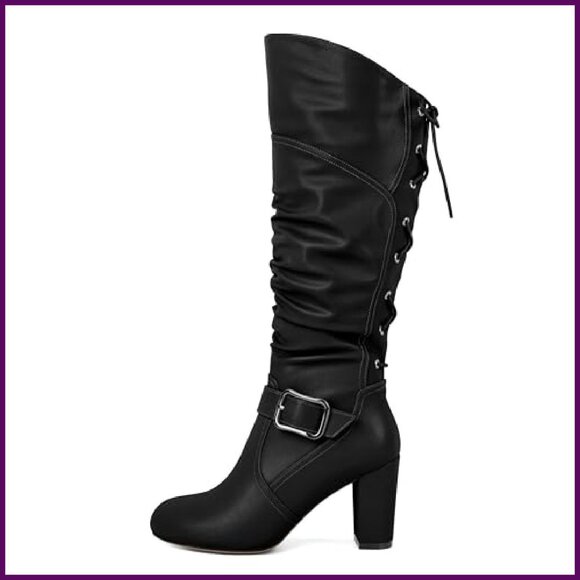 Knee High Boots Chunky Heel Side Zipper Faux Leather Slouchy Dress Boots - Picture 5 of 6